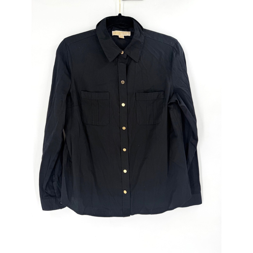 Michael Kors Button Down Shirt Womens 10 Black Gold Logo Workwear Office Core